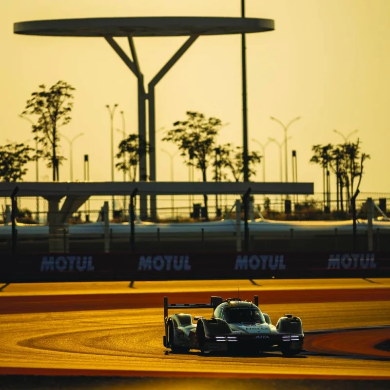
The sun sets over the Lusail International Circuit yesterday as the Jota Porsche car takes part in the opening session of the World Endurance Championship Prologue test. 