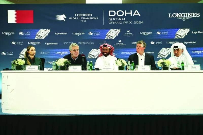 
From Left: Australian rider Edwina Tops-Alexander, Sport Director of the Global Champions Tour Marco Danese, Event Director Mohamed Jaber al-Khayarin, Event President 
Jan Tops and Al Shaqab’s Protocol and Public Relation Manager Fahad al-Hajri at a press conference in Al Shaqab yesterday. 