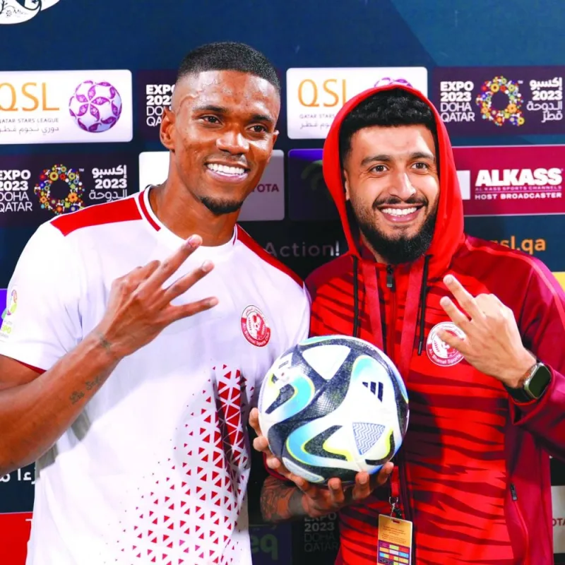 
Ricardo Gomes (left) celebrates with match ball after his hat-trick helped Al Shamal to a thrilling win over Umm Salal. 