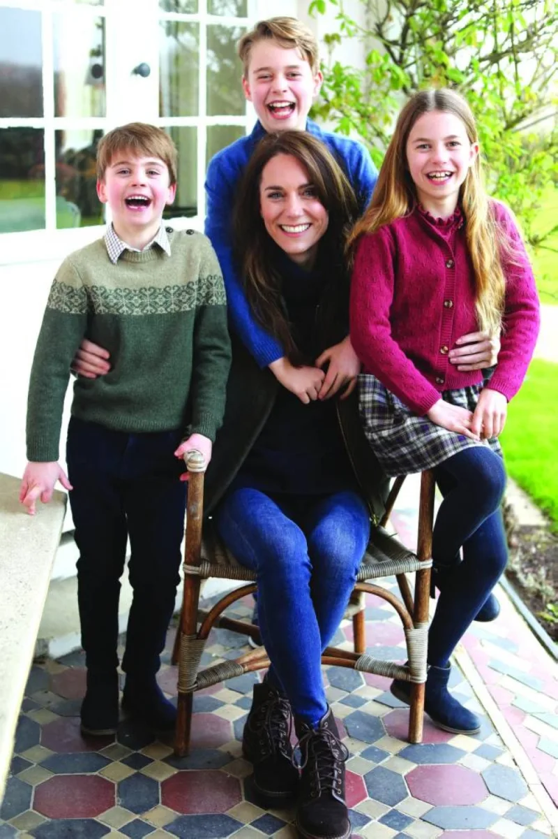 
Catherine, Princess of Wales, poses with her children, Prince Louis, Prince George and Princess Charlotte, taken in Windsor, earlier this week, by the Prince of Wales, and released yesterday. 