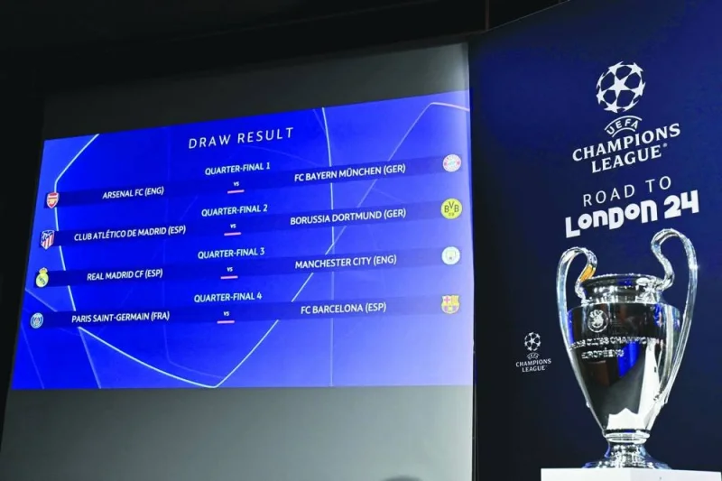 
 The UEFA Champions League quarter-final line-up is displayed  next to the trophy after the draw ceremony at the House of European Football in Nyon, Switzerland. (AFP) 