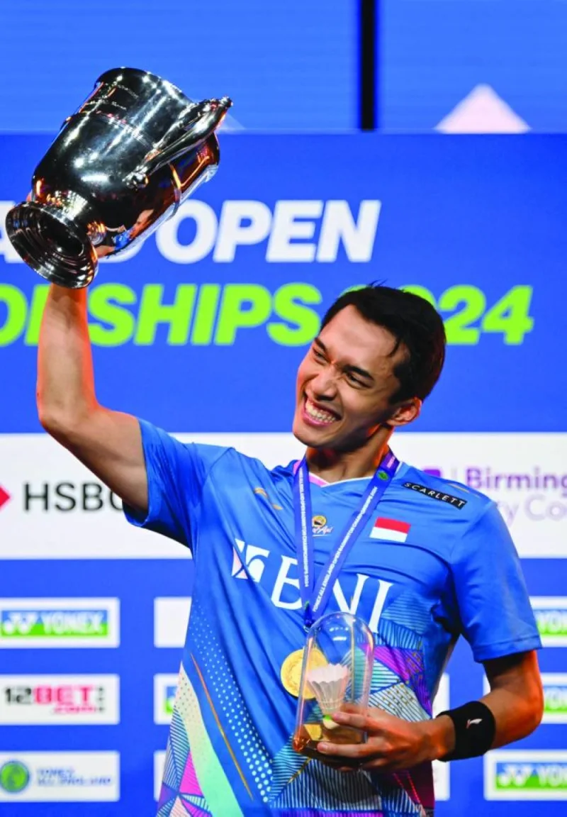 Gold medallist Indonesia&#039;s Jonatan Christie celebrates after winning the men&#039;s singles final at the All England Open Badminton Championships at the Utilita Arena in Birmingham, central England, yesterday. (AFP)