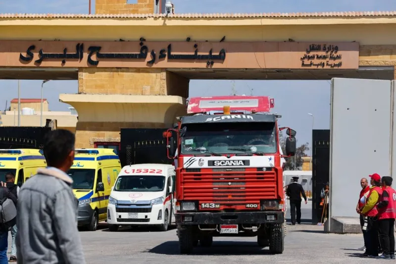 A truck stands at the Rafah border crossing between Egypt and the Gaza Strip, in Rafah, Egypt, on Saturday. REUTERS