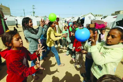 Children take part in organised activities at a camp for displaced Palestinians in Rafah, in the southern Gaza Strip, amid the ongoing conflict between Israel and the Hamas group.