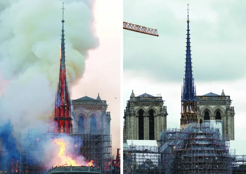 A combination picture shows smoke billowing as fire engulfs the spire of Notre Dame Cathedral in Paris on April 15, 2019, and a view of the new spire as restoration works continue.