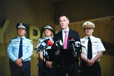 
NSW police deputy commissioner Peter Thurtell, NSW police commissioner Karen Webb, NSW Premier Chris Minns, and NSW ambulance commissioner Dr Dominic Morgan speak to the media at a news conference, following an attack in a church in western Sydney, at Surry Hills Police Station, Sydney, Australia, yesterday. 