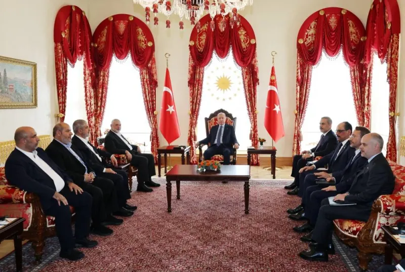Turkey&#039;s President Tayyip Erdogan meets with Ismail Haniyeh, leader of Hamas, in Istanbul, Turkey, on Saturday. Murat Cetinmuhurdar/Turkish Presidential Press Office/Handout via REUTERS