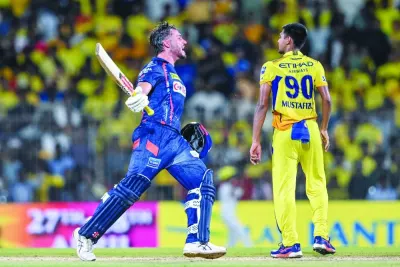 
Lucknow Super Giants’ Marcus Stoinis (left) celebrates after his team’s win at the end of the Indian Premier League match against Chennai Super Kings in Chennai yesterday. (AFP) 