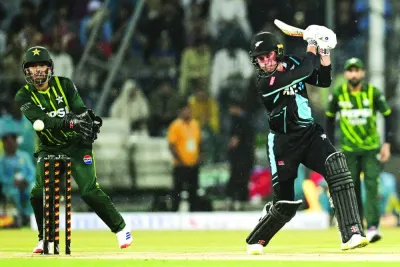 New Zealand’s Tim Robinson plays a shot during the fourth T20I against Pakistan in Lahore on Thursday. (AFP)