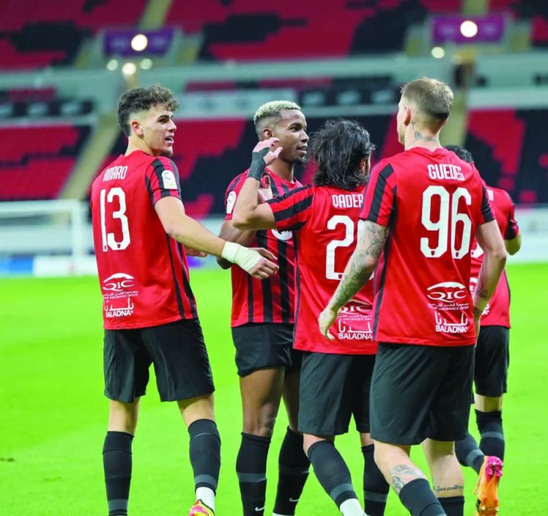 Al Rayyan players celebrating their win over Al Sadd during their final round clash of the Expo Stars League at Ahmad Bin Ali Stadium yesterday.