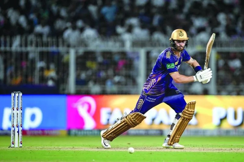 Kolkata Knight Riders’ Phil Salt plays a shot during the IPL match against Delhi Capitals at the Eden Gardens in Kolkata on Monday. (AFP)