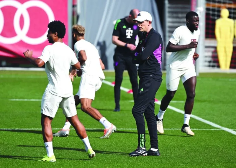 Bayern Munich coach Thomas Tuchel looks on as his player train on Monday. (Reuters)