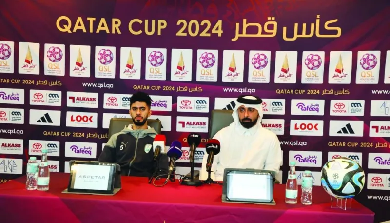Al Wakrah coach Ali Rahma al-Marri (right) and midfielder Ahmed Fadhel address a press conference on Tuesday.