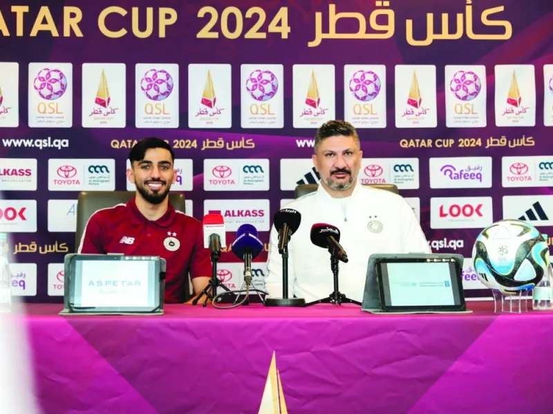 Al Sadd coach Wesam Rizik (right) and defender Tarek Salman at a press conference on Tuesday, on the eve of their Qatar Cup semi-final against Al Wakrah.