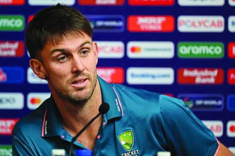 Mitchell Marsh during a press conference on the eve of their 2023 ICC Men’s Cricket World Cup match against Netherlands at the Arun Jaitley Stadium in New Delhi on Tuesday. (AFP)