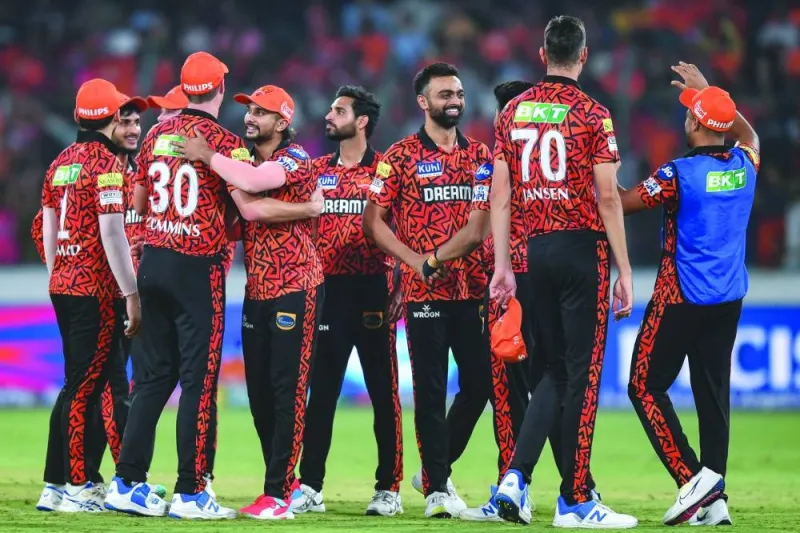 Sunrisers Hyderabad’s players celebrate after their team’s win in the IPL match against Rajasthan Royals in Hyderabad on Thursday. (AFP)