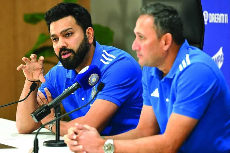 India captain Rohit Sharma (left) and selection committee chairman Ajit Agarkar address the press conference at the BCCI headquarters in Mumbai on Thursday. (AFP)
