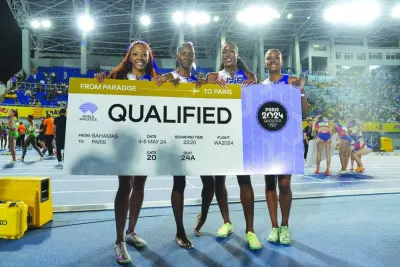 
The USA women’s 4x400m relay (from left): Na’Asha Robinson, Quanera Hayes, Alexis Holmes and Bailey Lear pose after winning their heat in 3:24.76 during the World Athletics Relays at Thomas A Robinson National Stadium. (USA TODAY Sports). 