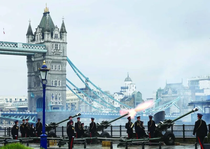 
Members of the Honourable Artillery Company fire a 62 Gun Royal Salute, to mark the first anniversary of the coronation of King Charles III and Queen Camilla, from Tower Wharf, by Tower Bridge in central London. 