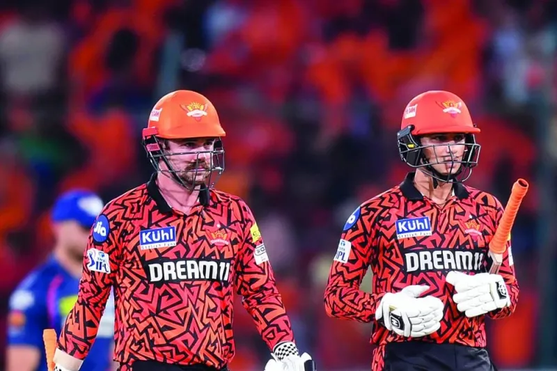 Sunrisers Hyderabad’s Travis Head (left) and Abhishek Sharma walk back to the pavilion during the Indian Premier League match against Lucknow Super Giants in Hyderabad on Wednesday. (AFP)
