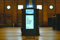 
An announcement on a screen reading ‘Service interrupted due to CGT force measure’ is seen at a closed Constitución train station in Buenos Aires during a general strike called by the 
General Confederation of Labour (CGT). 