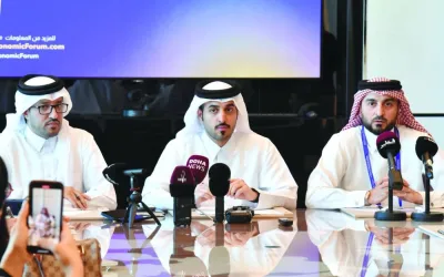 Sheikh Ali bin Abdullah bin Khalifa al-Thani (centre) explaining about QEF 2024 on Saturday, flanked by Mubarak bin Ajlan al-Kuwari on the left, and Jassim Mohamed al-Khori right. PICTURE: Thajudheen.
