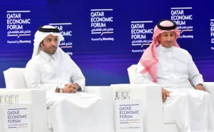 Saad bin Ali al-Kharji, chairman of Qatar Tourism, and Saudi Arabia&#039;s Tourism Minister Ahmed al-Khateeb at the Qatar Economic Forum  2024. PICTURE: Thajudheen