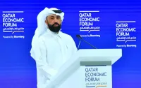 Omar al-Ansari addressing the Qatar Economic Forum yesterday. PICTURE: Thajudheen.
