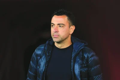 Barcelona&#039;s Spanish coach Xavi is pictured during the Spanish league football match between UD Almeria and FC Barcelona at the Municipal Stadium of the Mediterranean Games in Almeria on Thursday. (AFP)