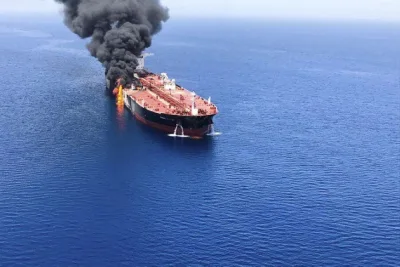 An image being shared on social media that purportedly shows the oil tanker on fire after being attacked.