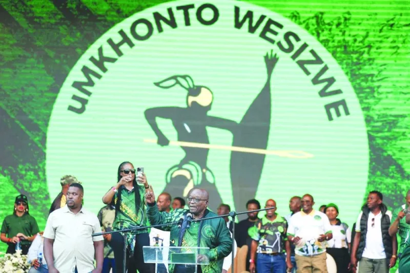 Former South African president and leader of the newly formed uMkhonto weSizwe (MK) Party, Jacob Zuma (centre), addresses supporters during the People’s Mandate Launch at Orlando Stadium in Soweto, on Saturday.