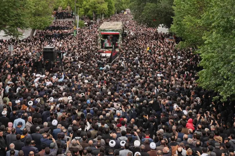 Mourners walking in the funeral procession in Tabriz, the capital of Iran&#039;s East Azerbaijan province, on Tuesday of late president Ebrahim Raisi and seven others killed with him in a helicopter crash two days ago. 