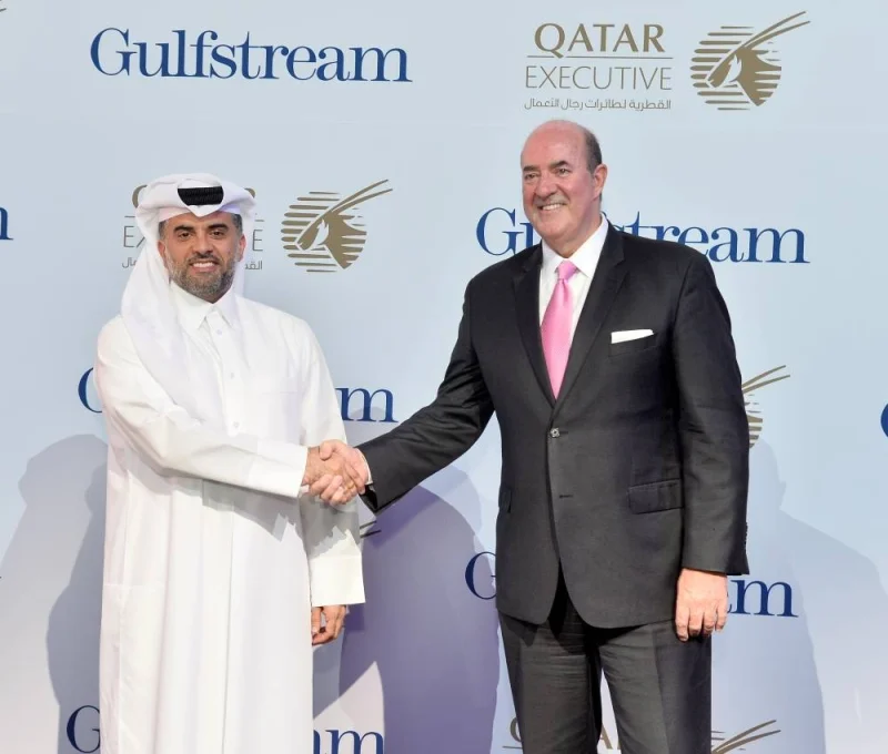 Qatar Airways Group Chief Executive Officer Badr Mohammed al-Meer and Gulfstream President Mark Burns at the Gulfstream G700 reveal ceremony at Hamad International Airport on Wednesday. PICTURE: Shaji Kayamkulam