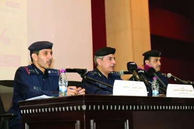 Brig Abdullah Khalifa al-Muftah flanked by Maj engineer Mohamed Misfer al-Hajri and Staff Col Ali Hassan al-Kaabi at the press conference Wednesday.