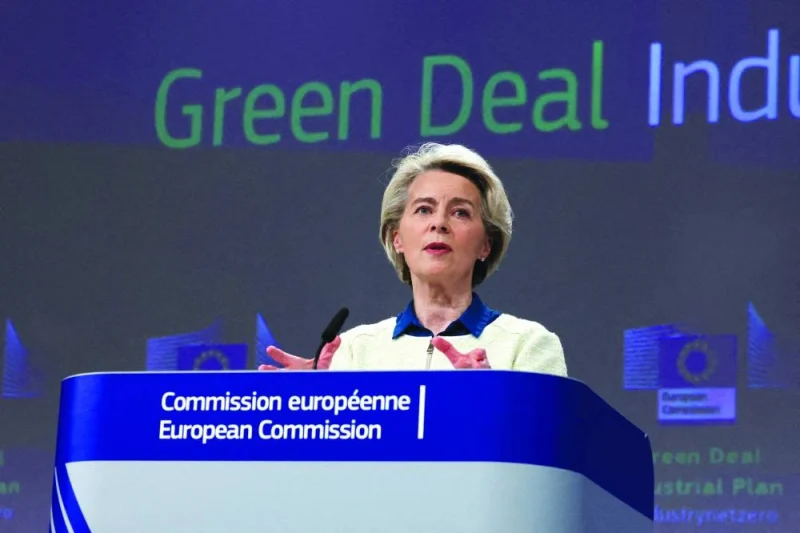 
FILE PHOTO: European Commission President Ursula von der Leyen presents a “communication” detailing the EU’s “Green Deal Industrial Plan” to ensure the bloc plays a leading role in clean tech production. 