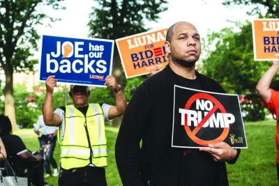 Protesters against Trump gather near the Crotona Park rally venue in the Bronx borough of New York City.