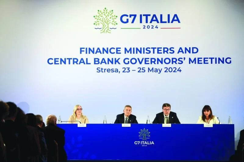 Italian Minister of Economy and Finance Giancarlo Giorgetti holds a presser on the final day of the G7 Finance Ministers meeting in Stresa on Saturday. (Reuters)