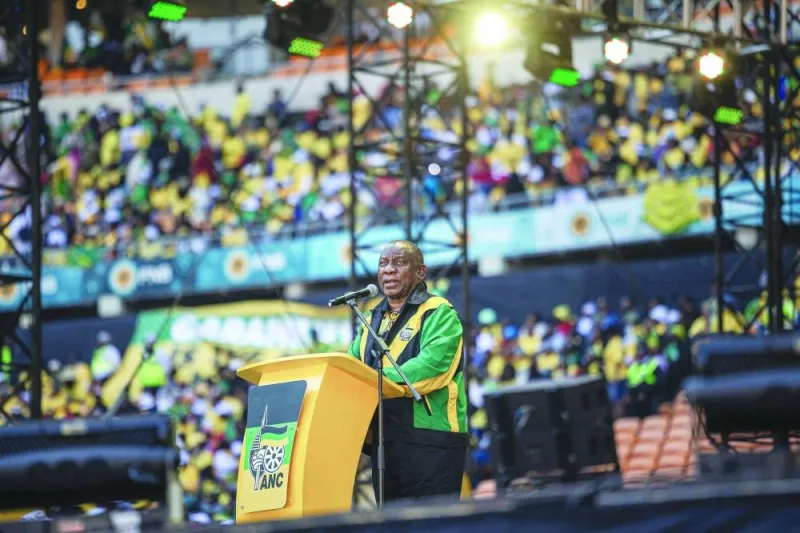 President of the ruling African National Congress (ANC) and South African President, Cyril Ramaphosa (centre), delivers a speech during the ANC’s last rally at the FNB Stadium in Johannesburg, on Saturday. (AFP)