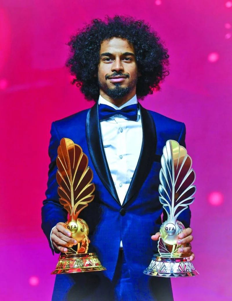 Al Sadd star Akram Afif with the Best Player Award and Highest Scorer Award trophies. PICTURE: Noushad Thekkayil