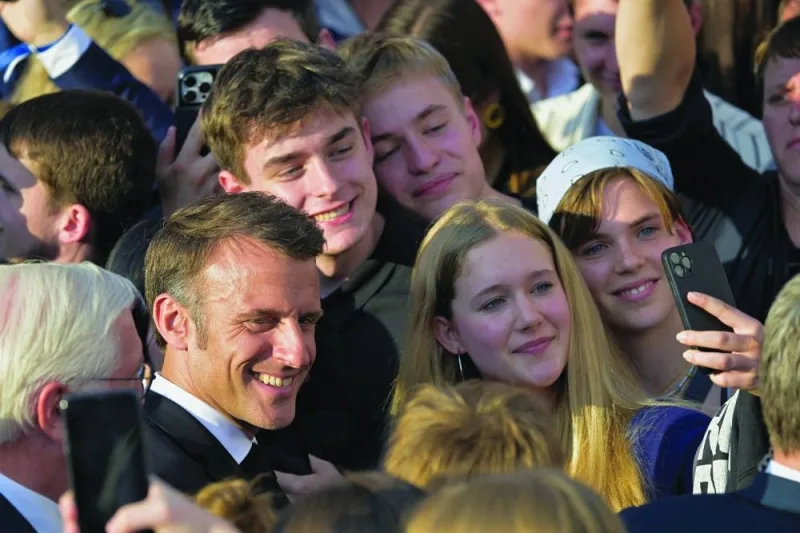 French President Emmanuel Macron attends the “Fete de l’Europe” event on the Neumarkt in Dresden on Monday. (Reuters)