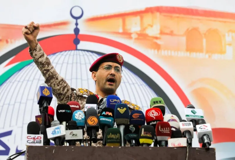 Houthi military spokesperson, Yahya Sarea, chants slogans after he delivered a statement on the group&#039;s latest attacks during a rally held to show solidarity with Palestinians in Gaza, in Sanaa, Yemen on May 24. REUTERS File picture.