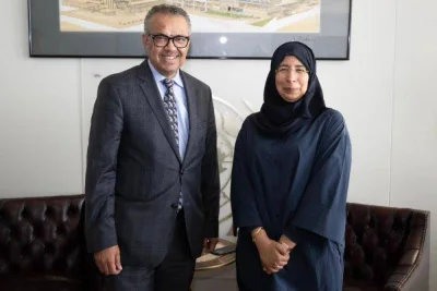 HE the Minister of Public Health Dr. Hanan Mohammed Al Kuwari meets with the Director-General of the World Health Organisation (WHO) Dr. Tedros Adhanom Ghebreyesus.