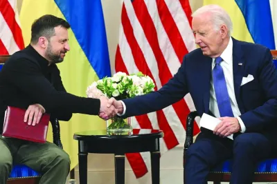 Biden with Zelensky at their bilateral meeting at the Intercontinental Hotel in Paris.