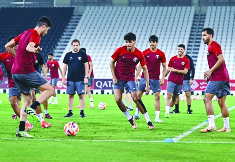 Qatar players train at the Jassim Bin Hamad Stadium on Monday, on the eve of their FIFA World Cup 2026 and AFC Asian Cup qualifying match against India. PICTURES: Noushad Thekkayil