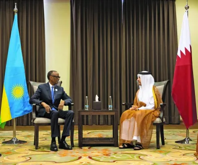 HE the Prime Minister and Minister of Foreign Affairs Sheikh Mohamed bin Abdulrahman bin Jassim al-Thani meets with Rwandan President Paul Kagame.