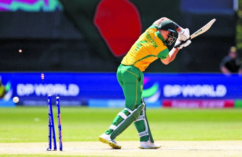 
Aiden Markram, captain of South Africa, is bowled out by Taskin Ahmed of Bangladesh during the ICC T20 World Cup match at Nassau County International Cricket Stadium in New York on Monday. South Africa won the match by 4 four runs. (AFP) 