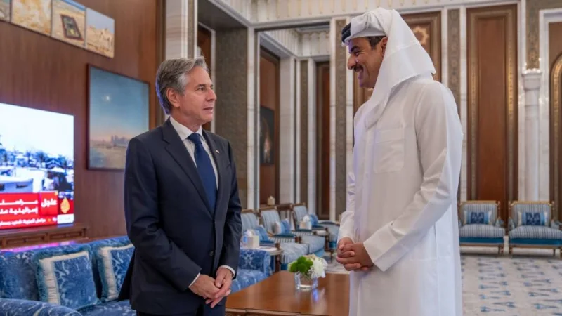 His Highness the Amir Sheikh Tamim bin Hamad Al-Thani meets Wednesday at Lusail Palace with the Secretary of State of the United States of America Antony Blinken.
