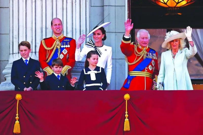 (From left) Britain's Prince George of Wales, Britain's Prince William, Prince of Wales, Britain's Prince Louis of Wales, Britain's Catherine, Princess of Wales, Britain's Princess Charlotte of Wales, Britain's King Charles III and Britain's Queen Camilla wave on the balcony of Buckingham Palace after attending the King's Birthday Parade 'Trooping the Colour' in London yesterday. The ceremony of Trooping the Colour is believed to have first been performed during the reign of King Charles II. Since 1748, the Trooping of the Colour has marked the official birthday of the British Sovereign. Over 1,500 parading soldiers and almost 300 horses take part in the event.