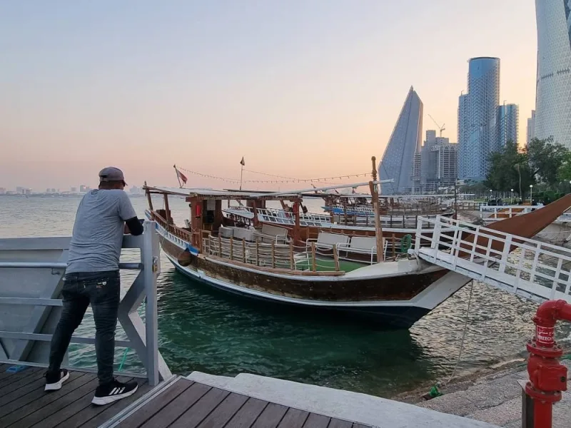 Dhows line up at Doha Corniche awaiting clients. PICTURE: Joey Aguilar