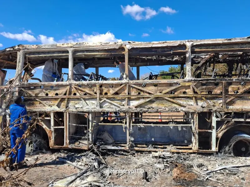 The charred remains of the bus. Picture courtesy of the Ministry of Transport, Zimbabwe